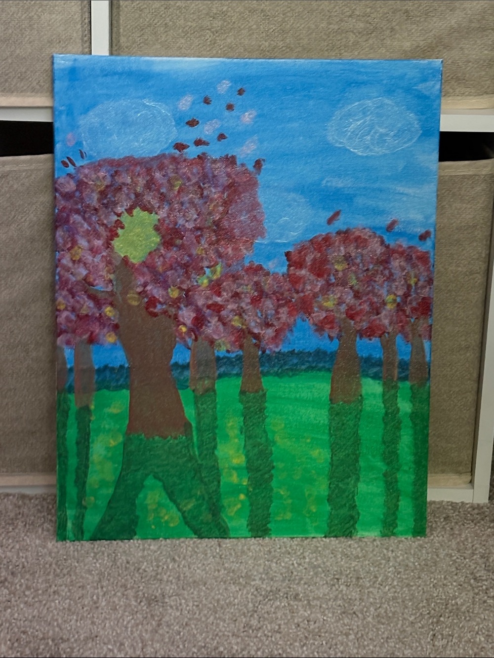 Hand Crafted Blue Sky with Pink Blossom Trees Canvas